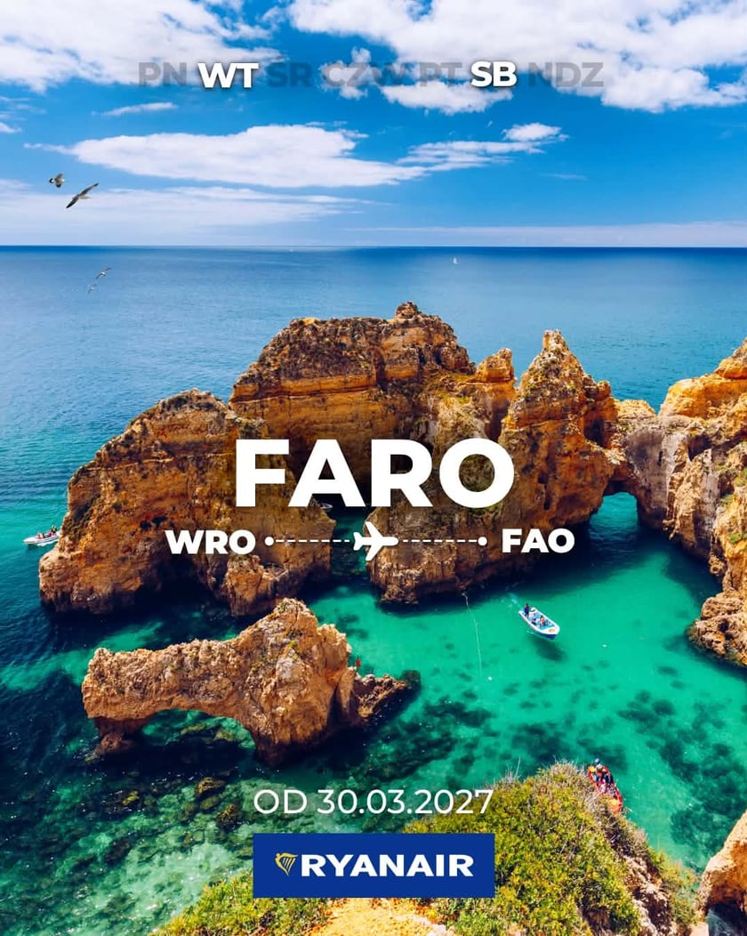 Infografika przedstawiająca zdjęcie skalistego wybrzeża z nałożonym napisem "Faro" i zaznaczonymi dniami tygodnia, w które latać będzie samolot między Wrocławiem a Faro.