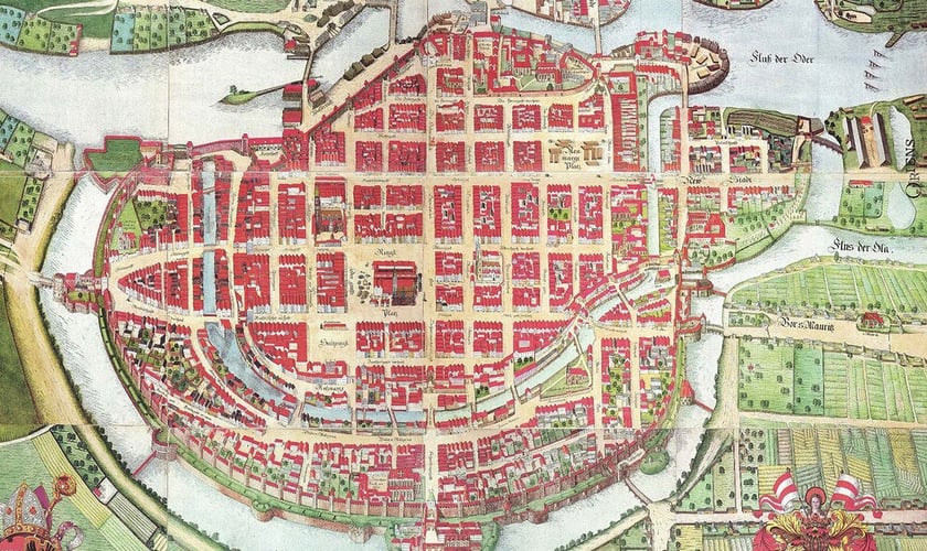 Z lewej strony widać Barę Mikołajską, charakterystyczny narożnik ul. św. Mikołaja i Ruskiej oraz świątynię św. Barbary. Plan Weinerów z 1562 r. prezentowany na wystawie ?1000 lat Wrocławia? w Muzeum Miejskim Wrocławia