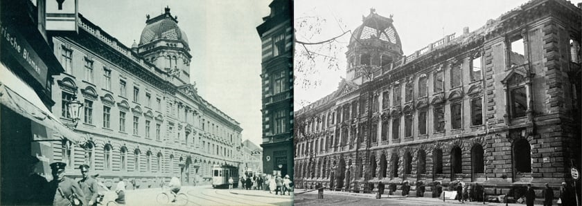 Fotografia po lewej - lata 1920-1935, budynek poczty przy ul. bł.Czesława (obecnie pl. Dominikański). Teraz z prawej strony jest Galeria Dominikańska, fotografia po prawej - poczta rok 1945