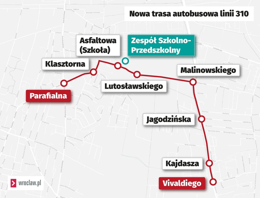 Mapa z przystankami na trasie autobusu 310