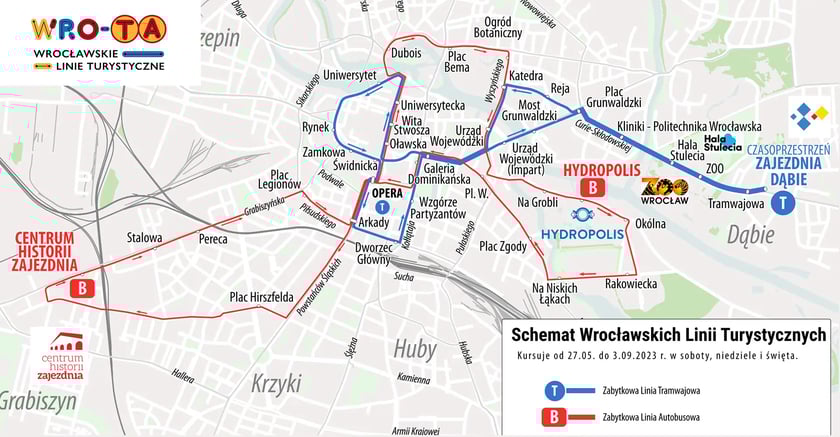 Mapa z trasami Wrocławskich Linii Turystycznych