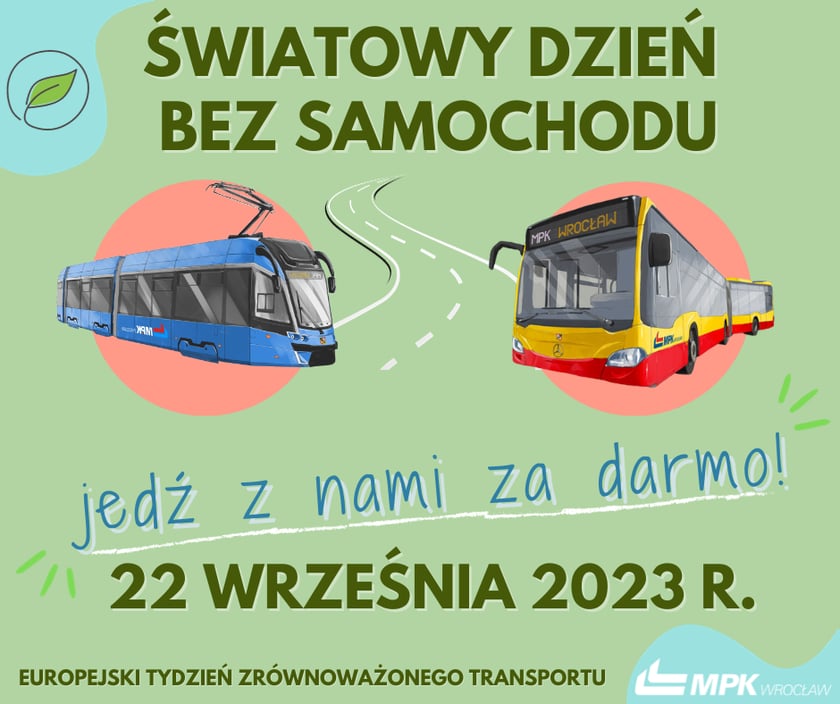 Światowy Dzień bez Samochodu. 22 września. Jedź z nami za darmo. Na grafice widać ten napis oraz tramwaj i autobus