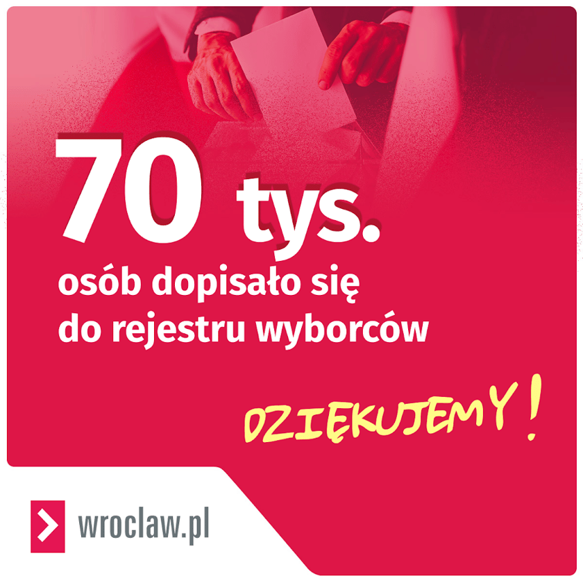 Tablica informacyjna z napisem 70 tys. osób dopisało się do rejestru wyborców