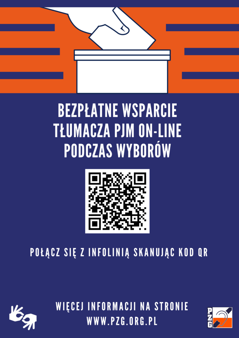 plakat informujący o wideoinfolinii dla osób głuchych na dzień wyborów parlametarnych. Na grafice umieszczono kod QR