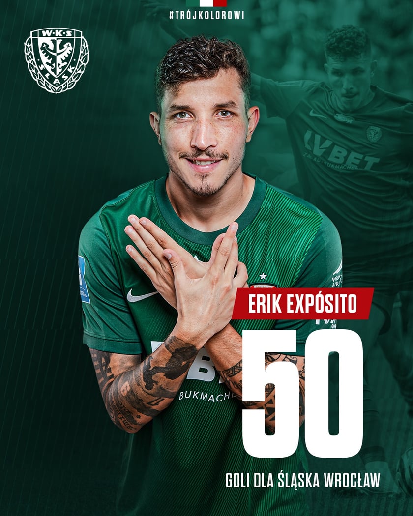 Erik Exposito ma już 50 goli w historii występów w Śląsku Wrocław. Ostatnie dwa strzelił w zwycięskim 4:0 meczu z Legią
