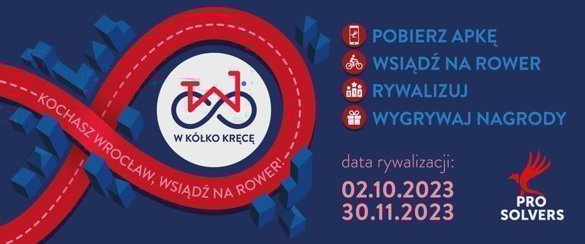 <p>Grafika z napisem: W k&oacute;łko kręcę; Kochasz Wrocław, wsiądź na rower!, pobież apkę, wsiądź na rower, rywalizuj, wygraj nagrody, data rywalizacji: 02.10.2023-30.11.2023</p>
