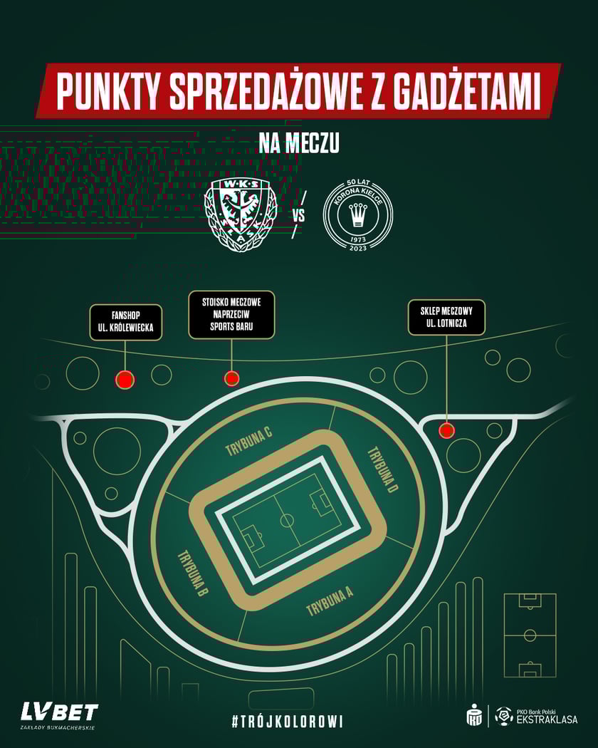 Punkty sprzedaży gadżetów podczas meczu Śląska z Koroną na mapce Tarczyński Areny Wrocław