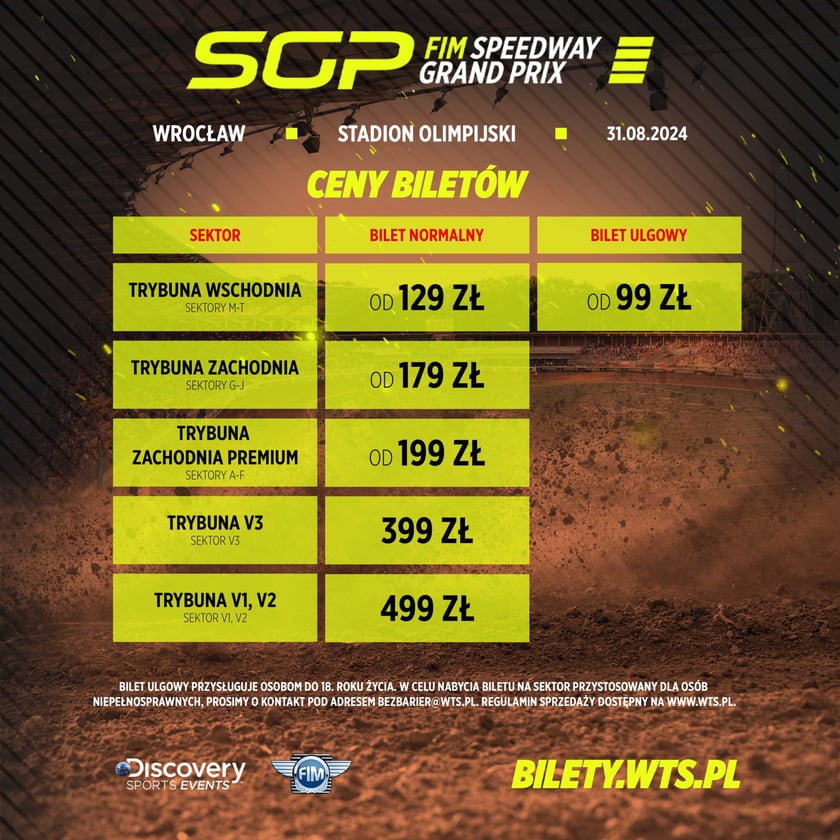 Grafika prezentuje ceny biletów na żużlowe Grand Prix we Wrocławiu w 2024 r.