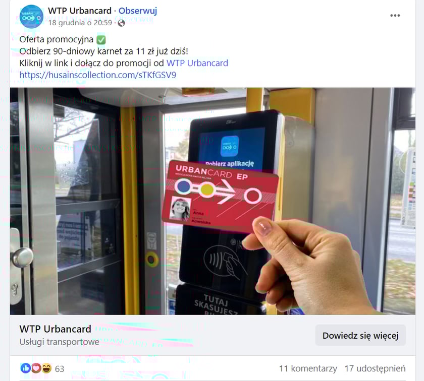 <p>Post na Facebooku opublikowany z fałszywego konta WTP Urbancard&nbsp;</p>