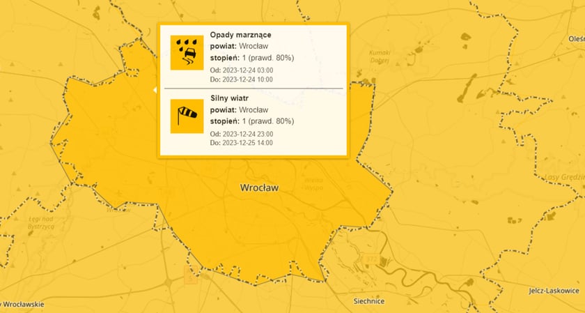 Mapa z zaznaczonym obszarem Wrocławia z informacją o ostrzeżeniu o silnym wietrze