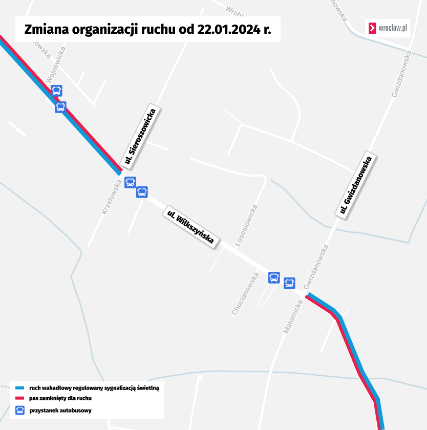 Zmiana organizacji ruchu na ulicy Wilkszyńskiej od 22 stycznia 2024, mapa