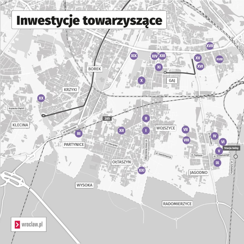 Mapa prezentuje dokładne lokalizacje inwestycji towarzyszących realizowanych w ramach Pakietu dla Południa Wrocławia.