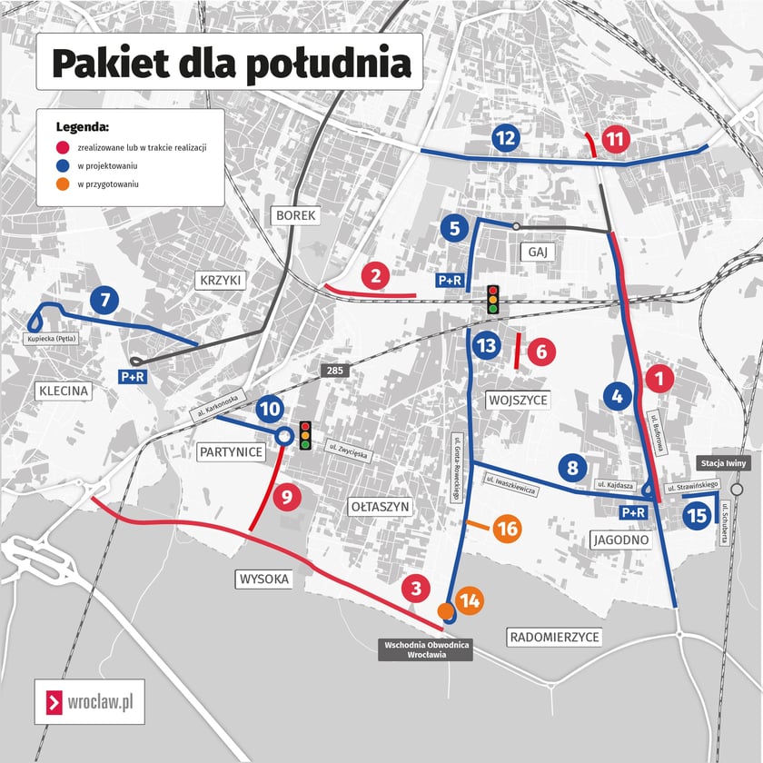 Mapa prezentuje wykaz inwestycji realizowanych w ramach Pakietu dla Południa Wrocławia. Kolorem czerwonym przedstawione są inwestycje zrealizowane lub w trakcie realizacji, niebieskim - w projektowaniu, a pomarańczowym - w przygotowaniu.