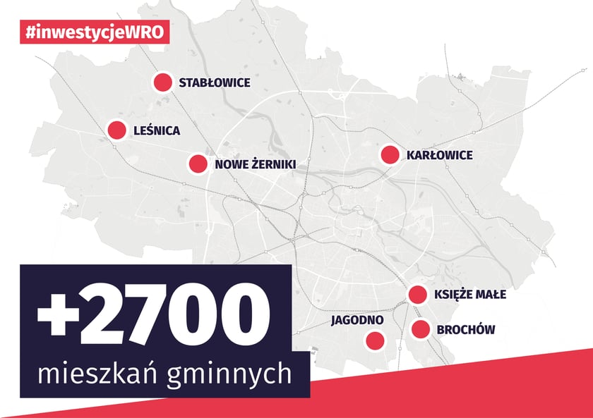 <p>Mapa Wrocławia z lokalizacjami, w kt&oacute;rych powstaną nowe gminne mieszkania</p>