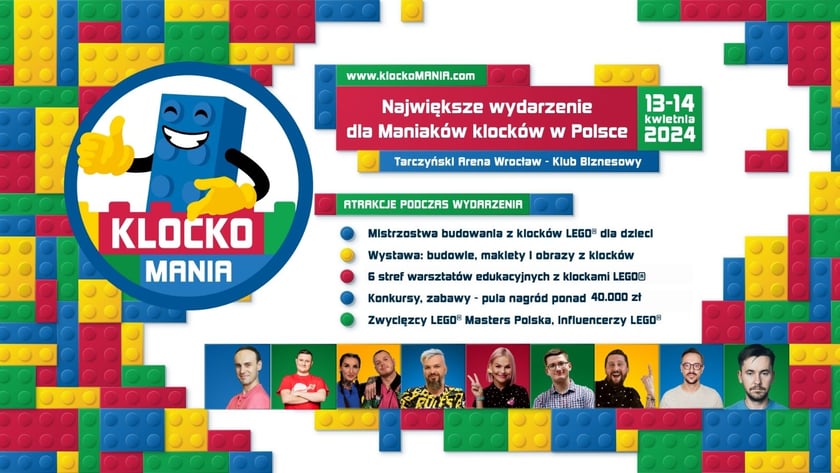 Grafika zapowiadająca klockoMANIĘ na Tarczyński Arenie - atrakcje  i program wydarzenia