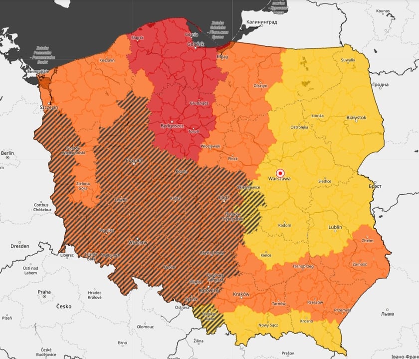Mapa Polski - na niej pokazane miejsca, w których mają być burze i upały
