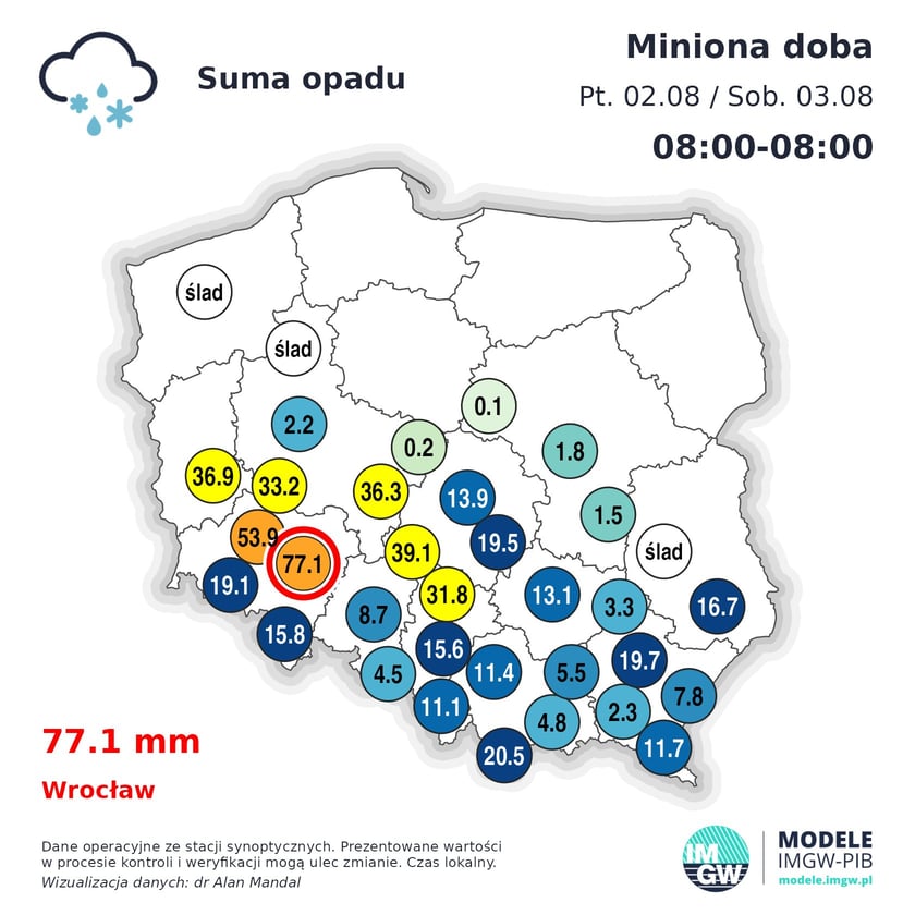 Mapa Polski z danymi o opadach