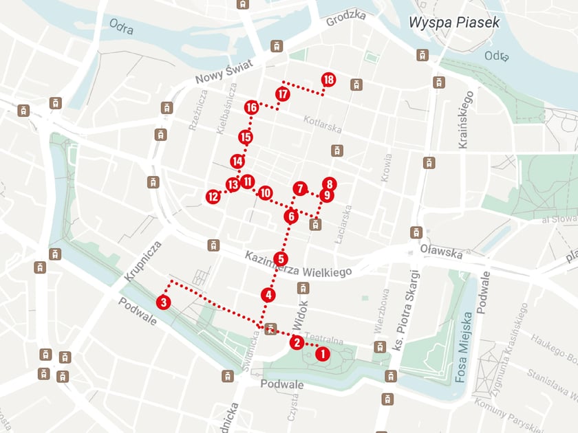 Mapa trasy spacerowej po Wrocławiu