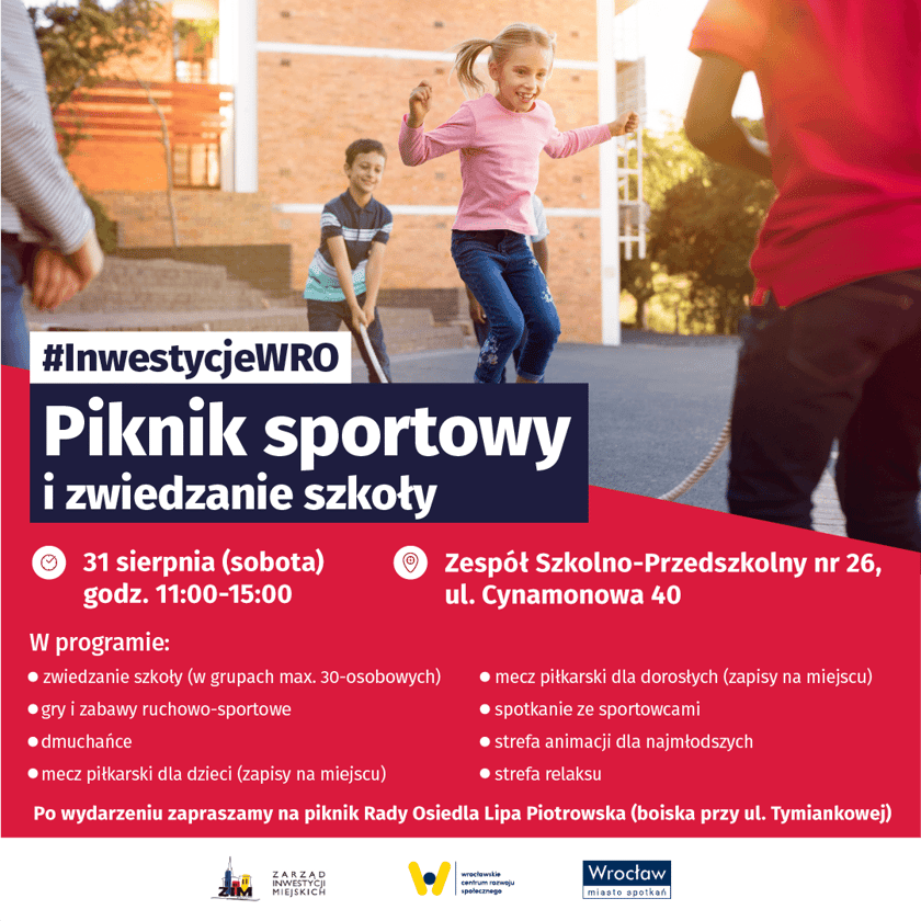 <p>Grafika informacyjna o pikniku sportowym i zwiedzaniu szkoły przy ul. Cynamomonowej 40 - 31 sierpnia (sobota) w godz. 11.00-15.00</p>