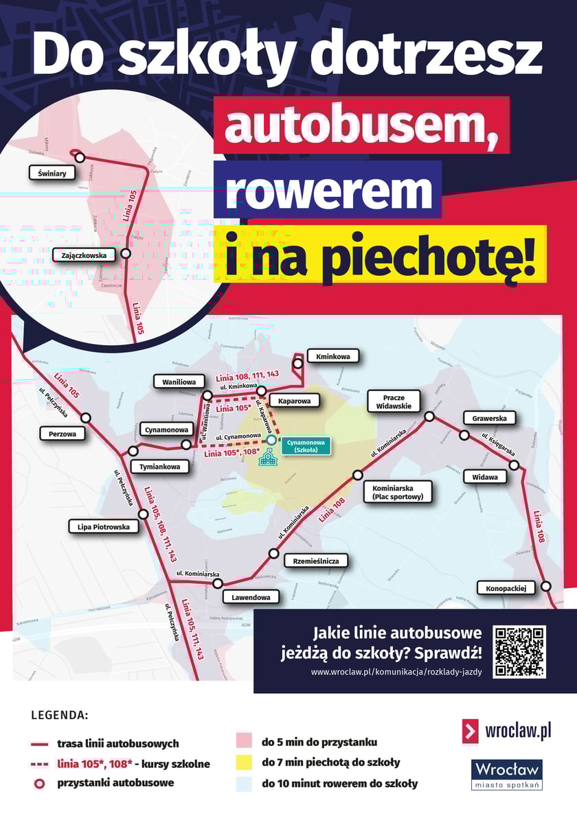 <p>Grafika informacyjna: mapa z unformacją jak dojechać do plac&oacute;wki przy ul. Cynamonowej autobusem, rowerem i na piechotę</p>