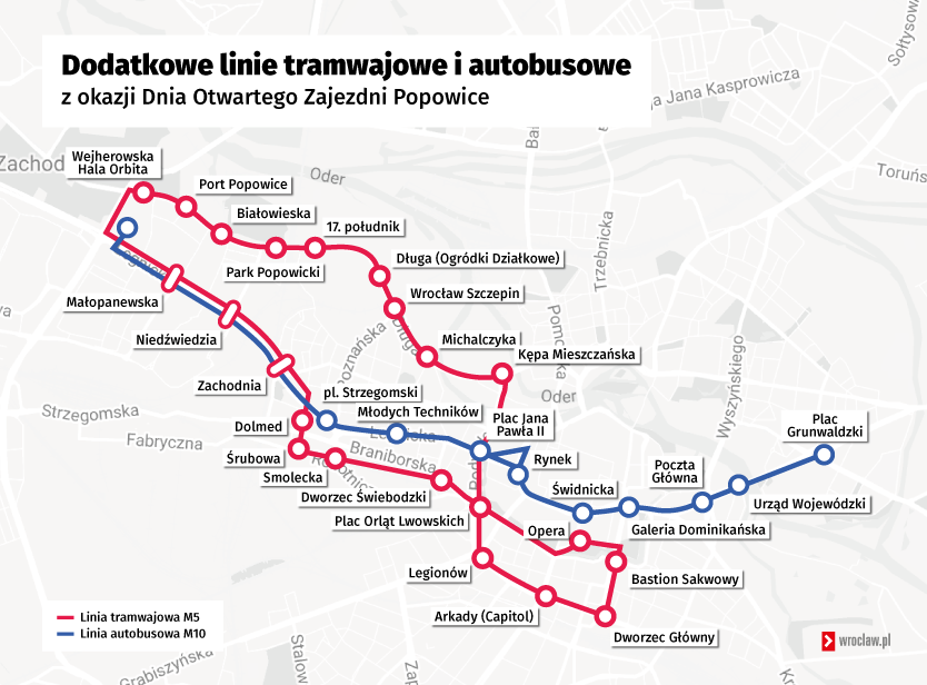 Dodatkowe linie autobusowe i tramwajowe z okazji Dnia Otwartego Zajezdni Popowice - mapka