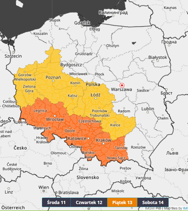 <p>Ostrzeżenie II stopnia przed opadami deszczu (w piątek)</p>