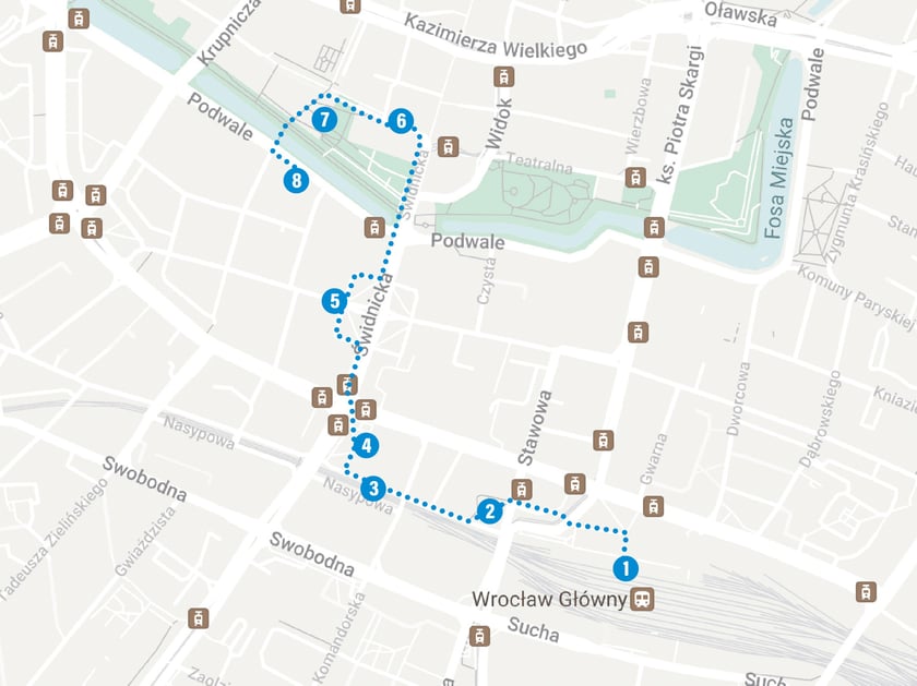 spacer literacki po Wrocławiu - mapa trasy opracowanej przez przewodnika miejskiego Jacka B. Myszkowskiego