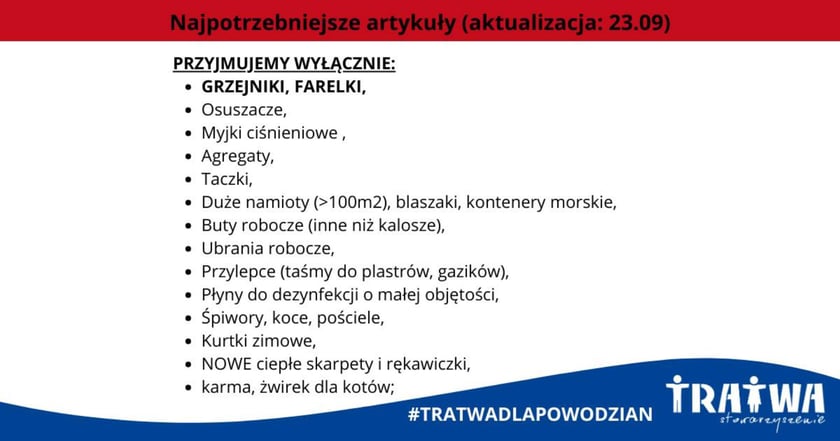 Lista potrzebnych rzeczy dla powodzian - stan na 23 września