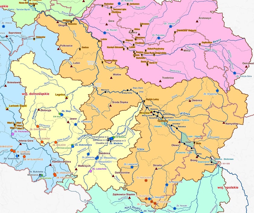 Obszar działania RZGW Wrocław - mapa - rejon Wrocławia oznaczony na pomarańczowo