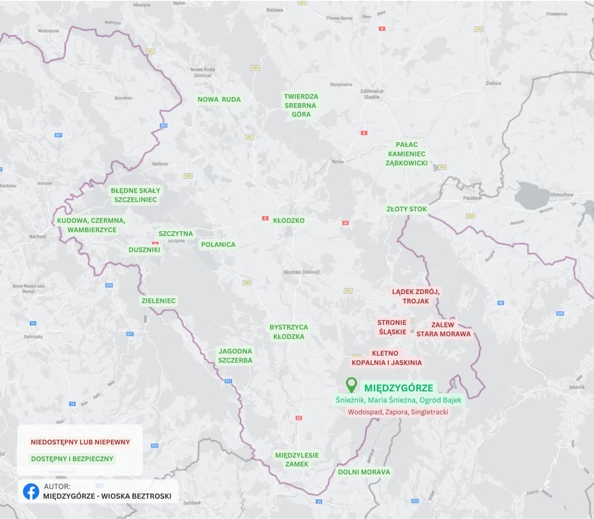 Mapa Ziemi Kłodzkiej. Na niej widać kontury regionu i wypisane nazwy miejscowości - tych nie zalanych i tych, które nawiedziła powódź