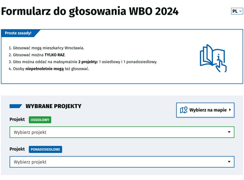 <p>Kygląd formularza do głosowania w WBO 2024. Krok pierwszy - wybierz projekty.</p>