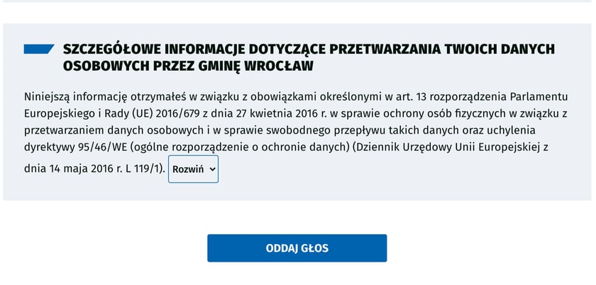 <p>Wygląd formularza do głosowania w WBO 2024. Krok trzeci - kliknij "oddaj głos". Następnie wprowadź kod wysłany SMS-em.</p>