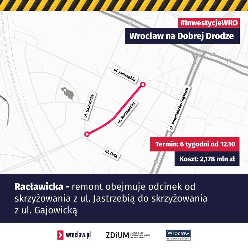 Mapa z zaznaczonym odcinkiem Racławickiej do remontu