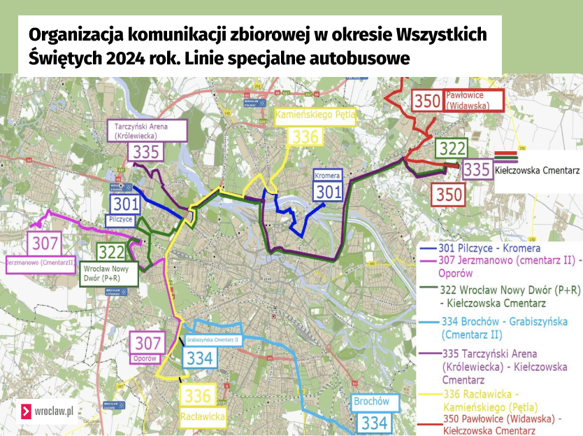 Schemat tras specjalnych linii autobusowych w okolicach dnia Wszystkich Świętych 2024
