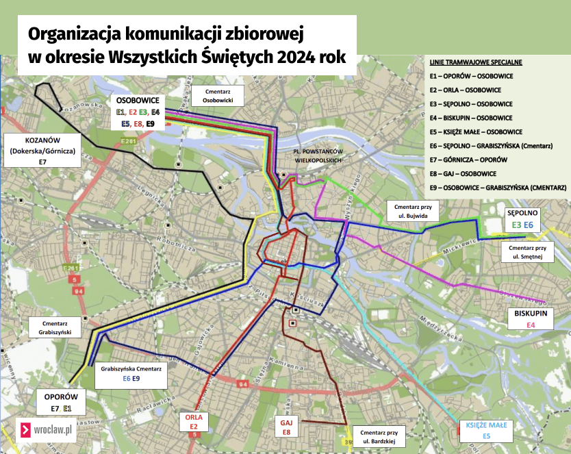 Schemat tras specjalnych linii tramwajowych w okolicach dnia Wszystkich Świętych 2024