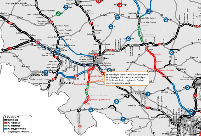 Mapa z przebiegiem budowanej trasy S8
