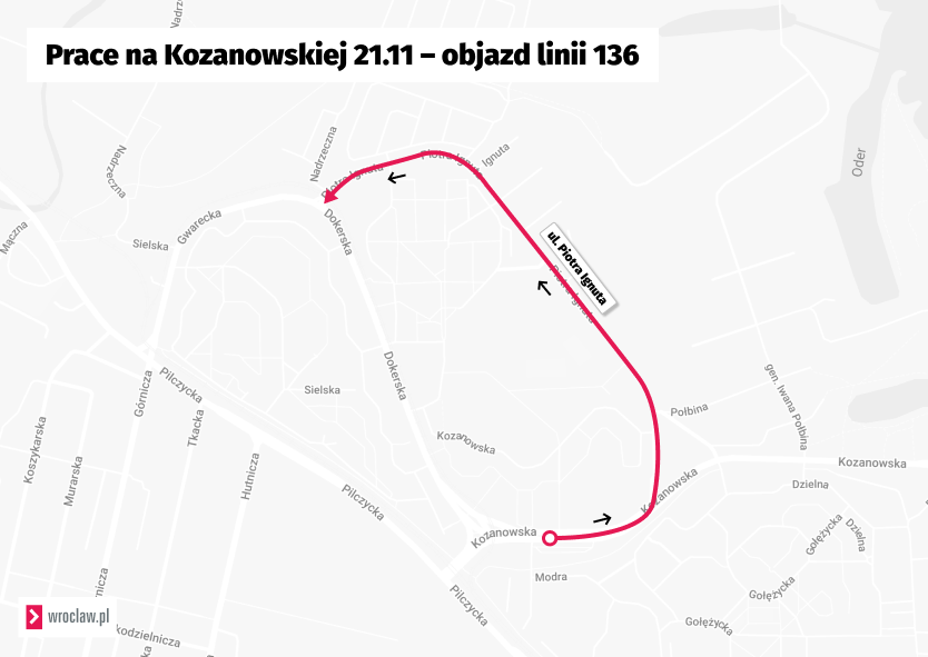 Prace na Kozanowskiej 21.11 – objazd linii 136. Mapa