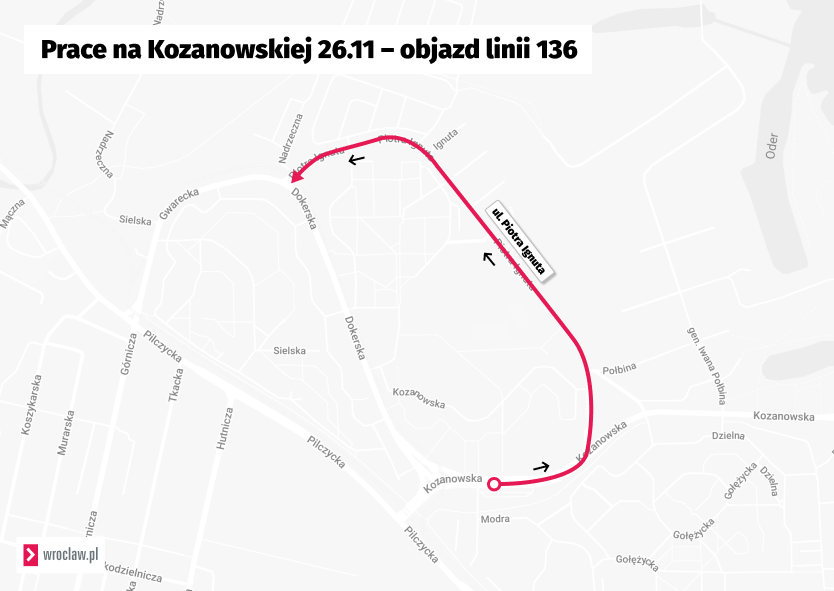 trasa objazdu autobusu 136 w dniu 26.11.2024 - mapka
