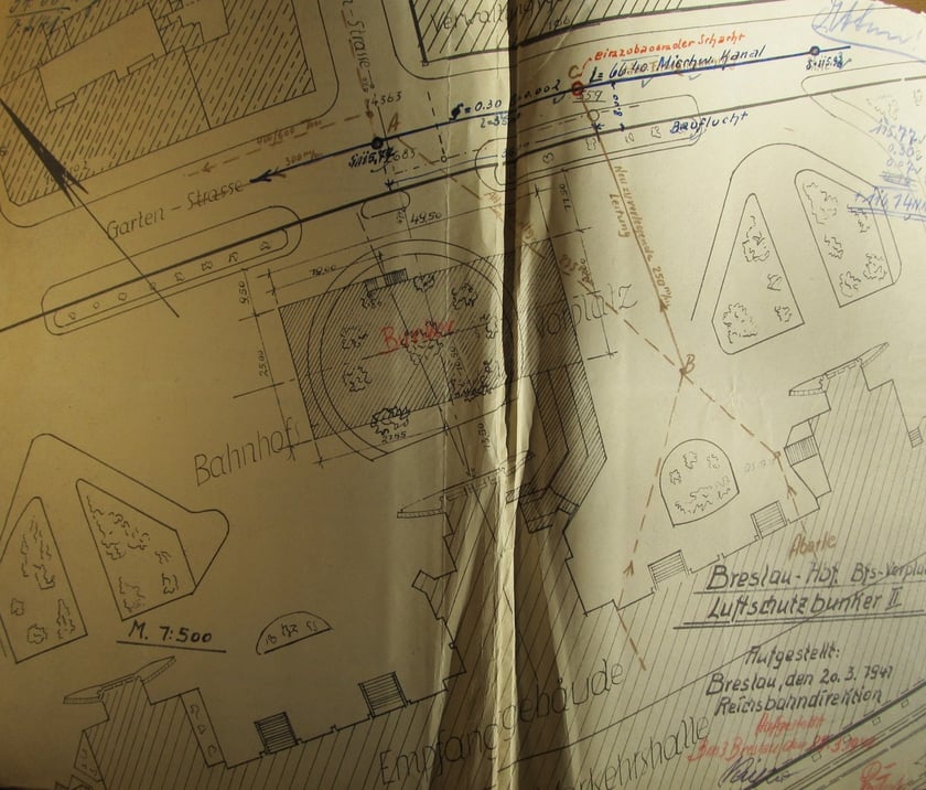 fragment oryginalnego planu schronu pod dworcem Wrocław Główny z lat 40. XX wieku