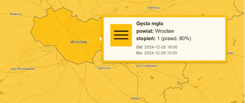 Mapa z ostrzeżeniem dla Wrocławia przed gęstą mgłą