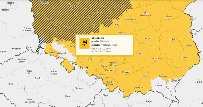 mapa ostrzeżeń pogodowych, 03.01.2025