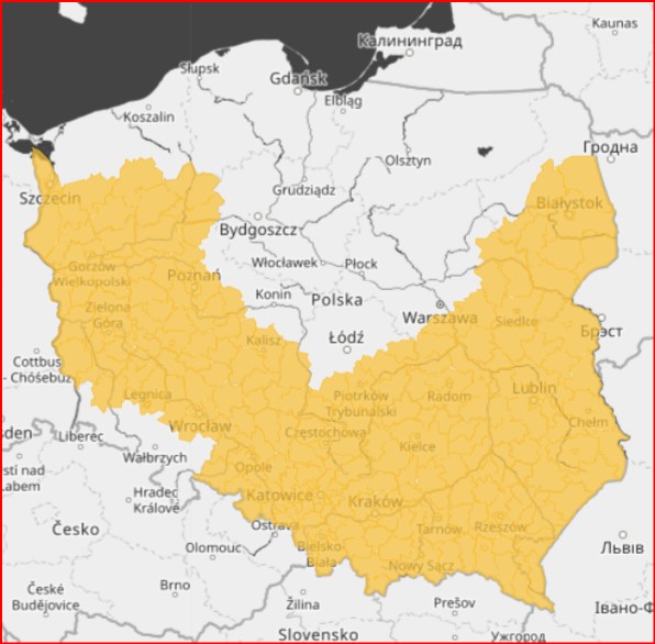 Mapa Polski z obszarem objętym ostrzeżeniem IMGiW 1. stopnia zaznaczonym na pomarańczowo