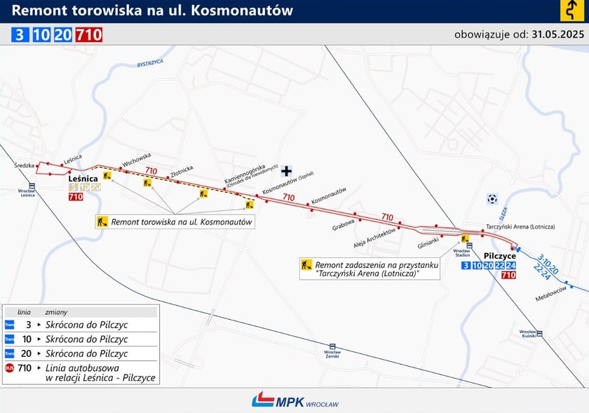 Mapa z komunikacją zastępczą na czas remontu torowiska na ul. Kosmonautów