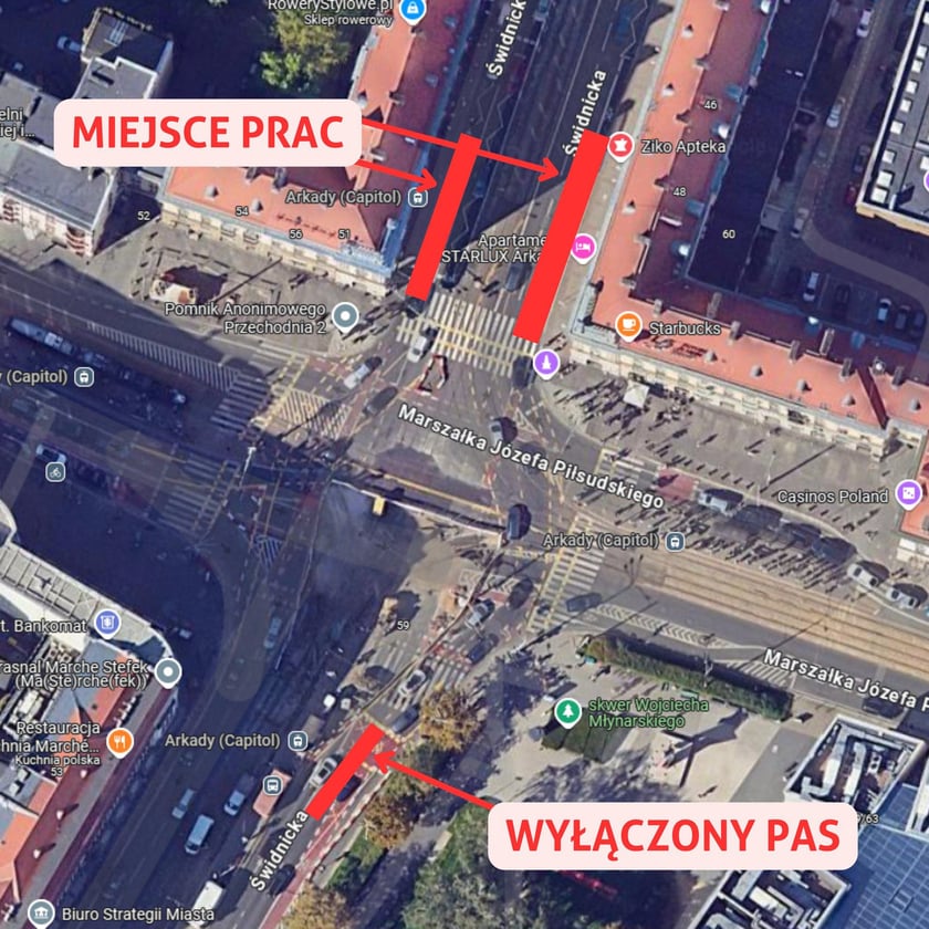<p>Mapa przedstawiająca zakres prac prowadzonych przez MPWiK przy ul. Świdnickiej w dniach 31.01.2025-03.02.2025</p>