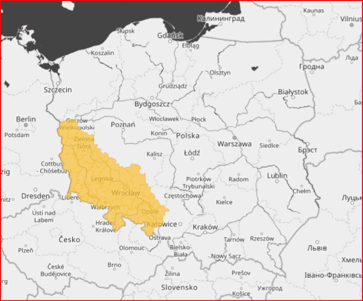 Mapa Polski z zaznaczonym na pomarańczowo rejonem objętym ostrzeżeniem IMGW
