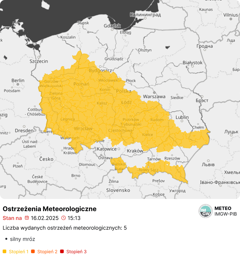 Ostrzeżenie przed silnym mrozem w nocy z 16 na 17 lutego 2025 roku