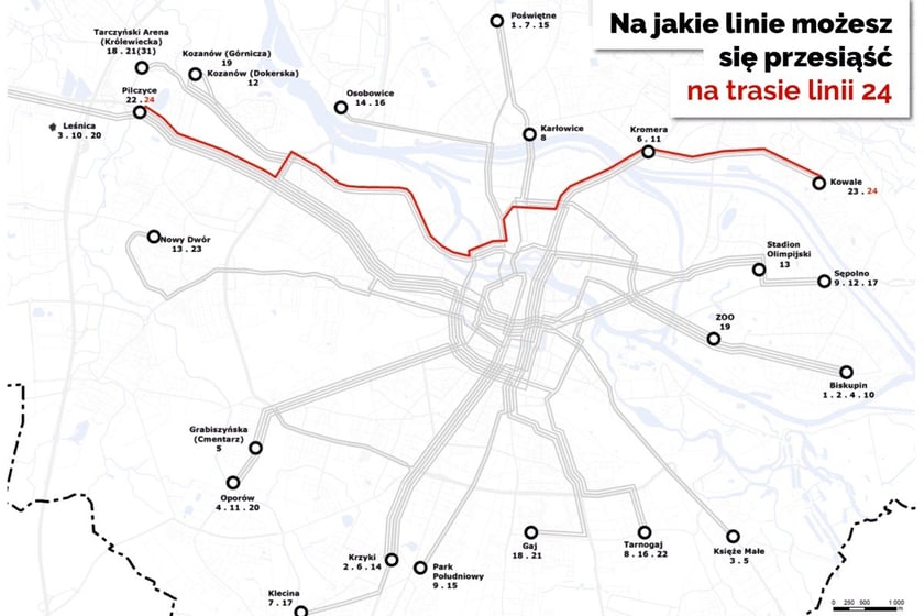 Mapa z tramwajem nr 24 i z przystankami, na których można się przesiadać na inne linie