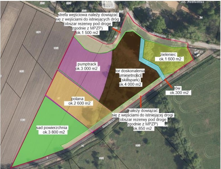 Sad, polana, pumptrack, skillspark, zieleniec - schematycznie kolorami zaznaczone atrakcje na działce między ulicą Kameliową i Jeziorową