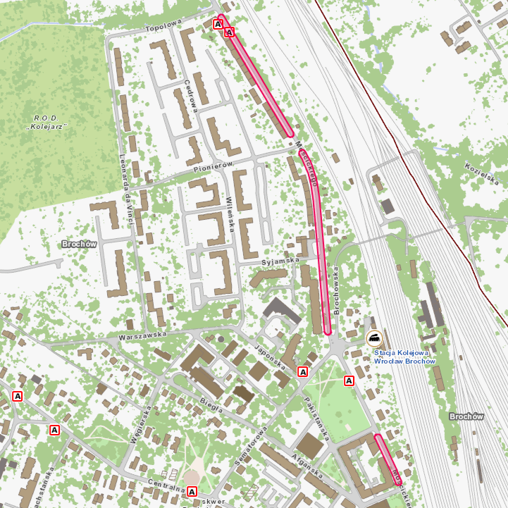 Mapa z zaznaczonymi odcinkami ul. Mościckiego, na których będą remontowane chodniki