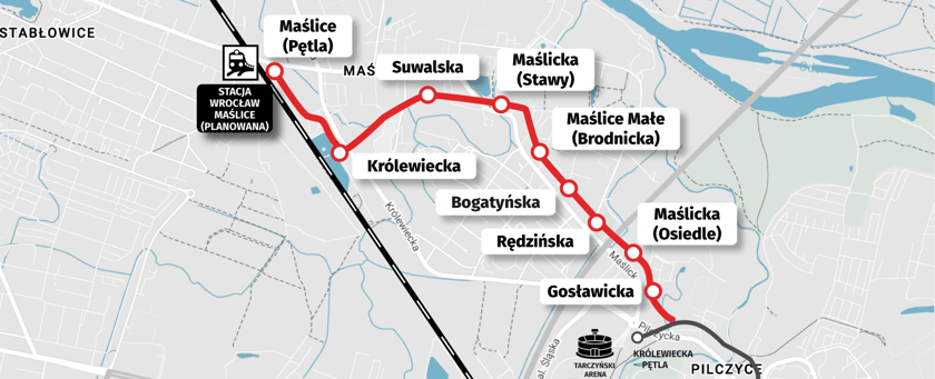 Mapa z przebiegiem linii tramwajowej na Maślice